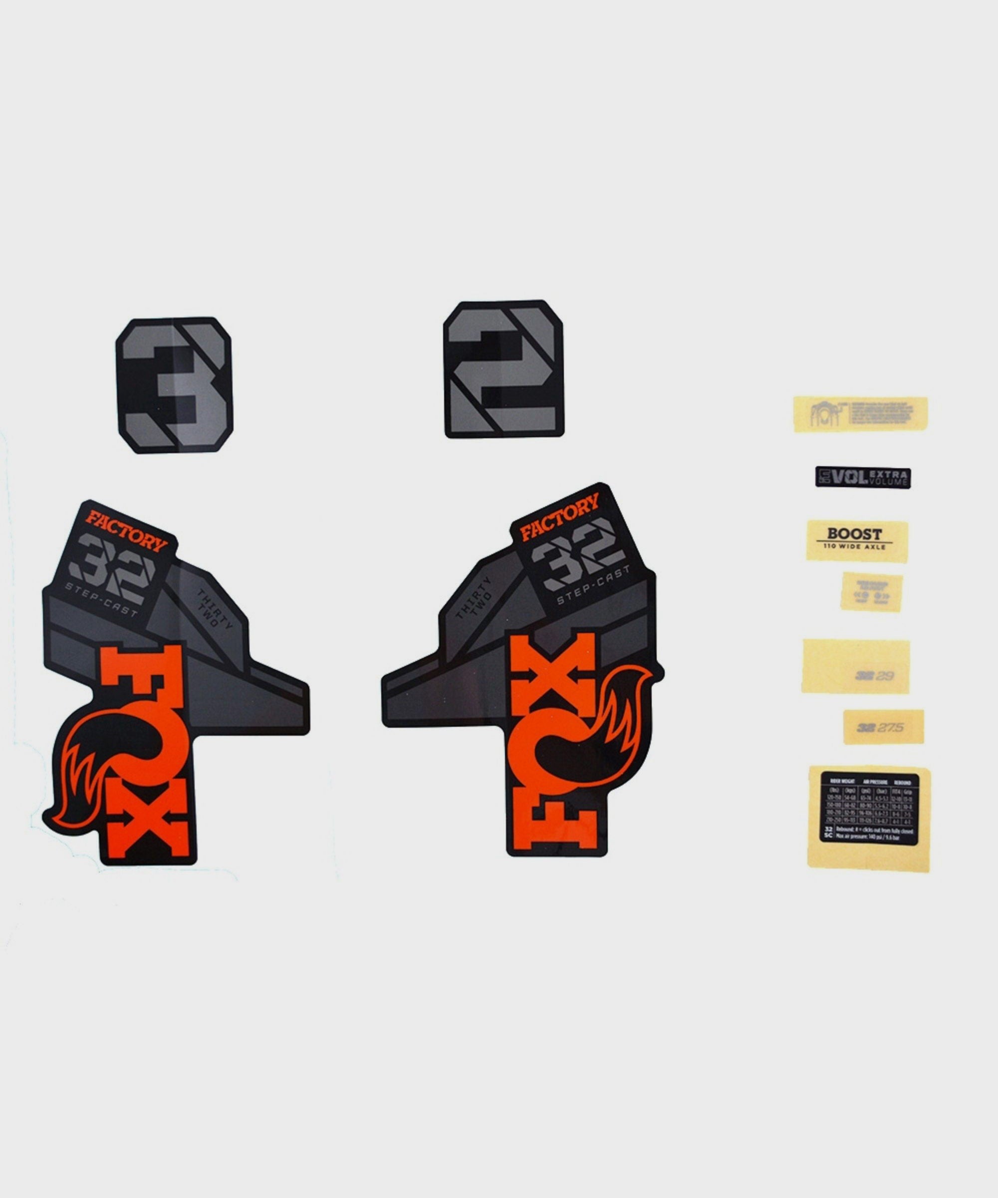 FOX Fork 32 Decal Kit: SC F | Power2CycleS Black Logo Shiny Orange 2021