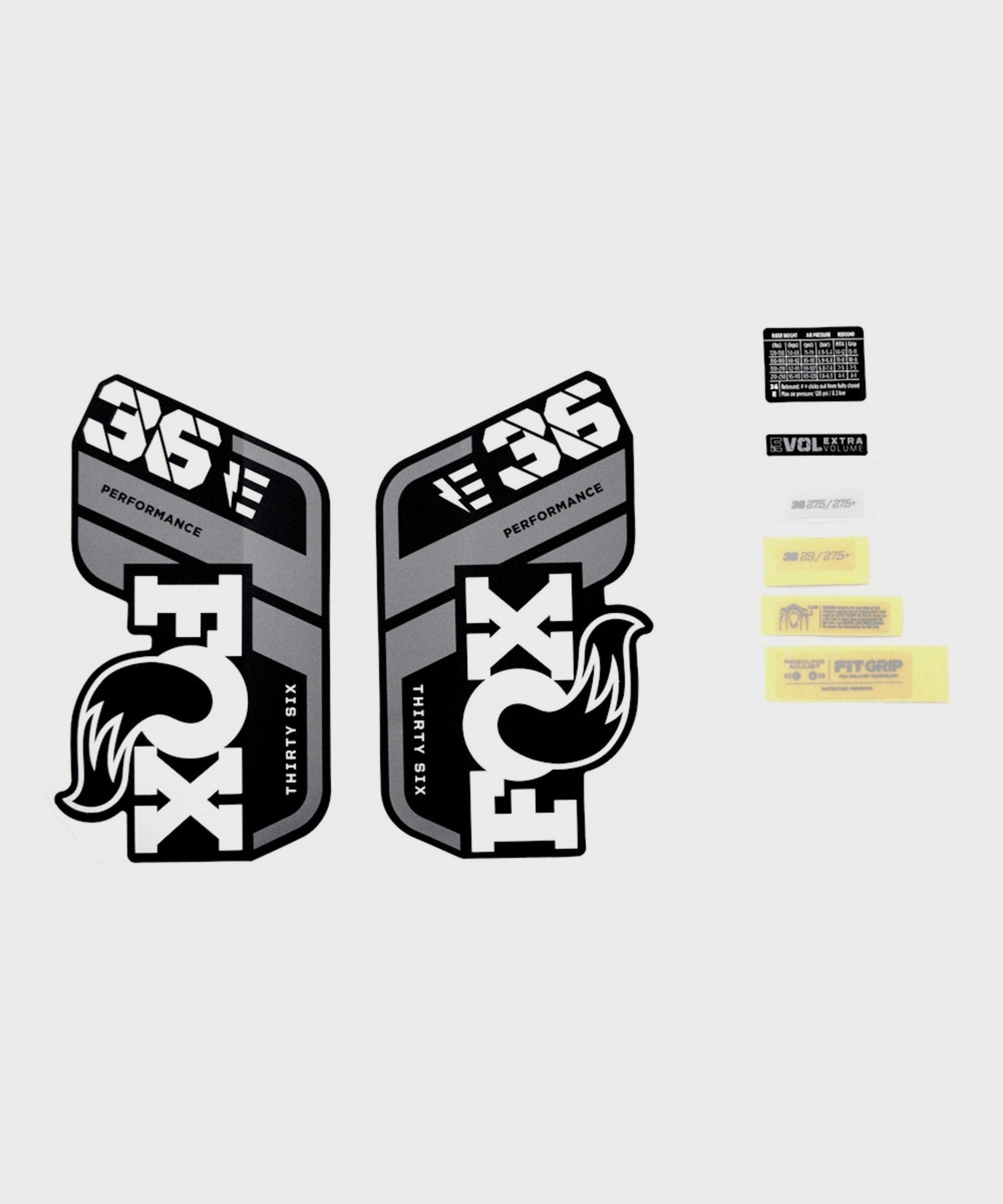 FOX Fork 36 Decal Kit: P | Power2CycleS E | Power2CycleBike+ Grey Logo Matte Black 2021