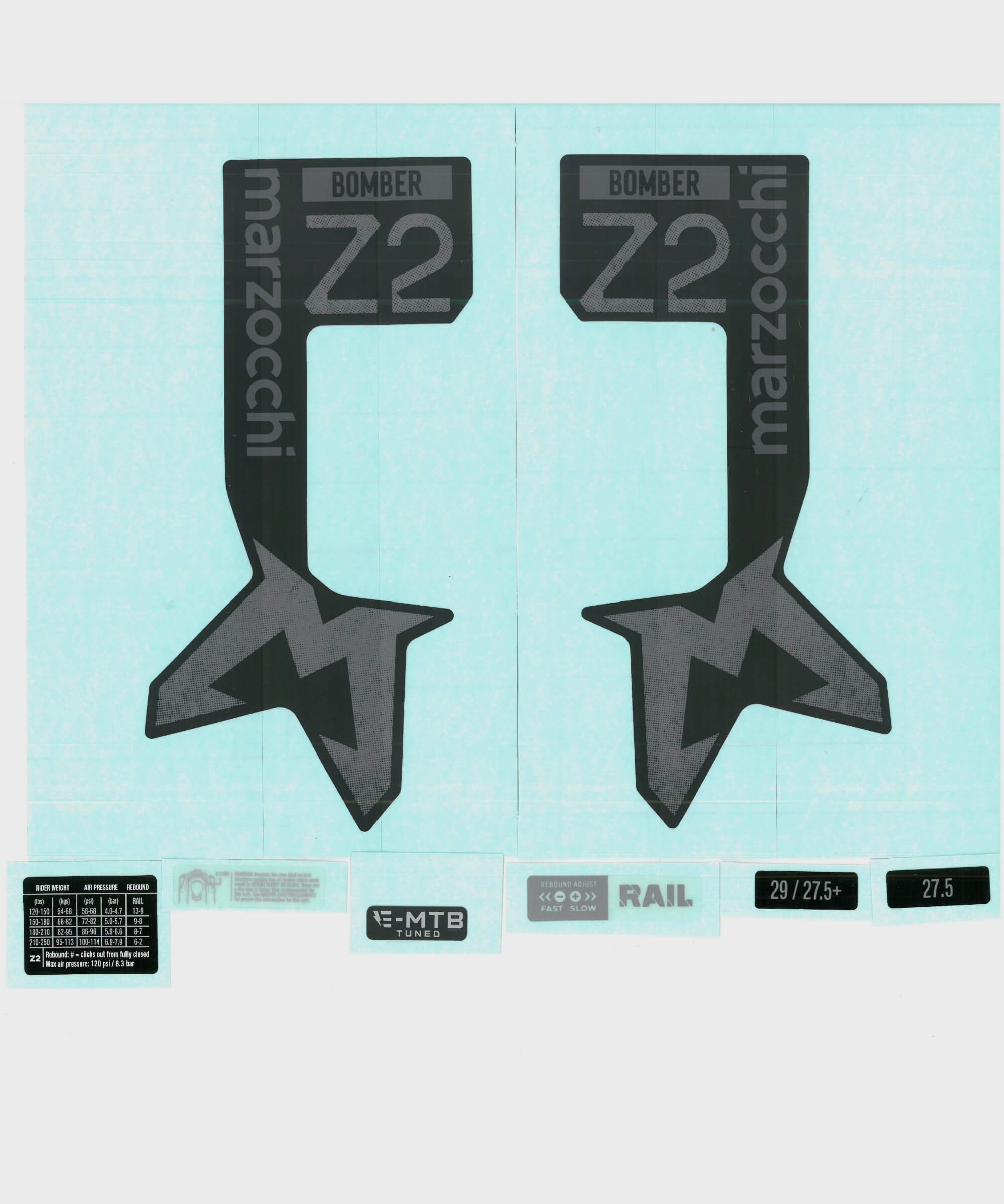 Marzocchi Fork Bomber Z2 E | Power2CycleTuned Std/ClearDecal Kit: Logo Neutral Matte Blk 2024