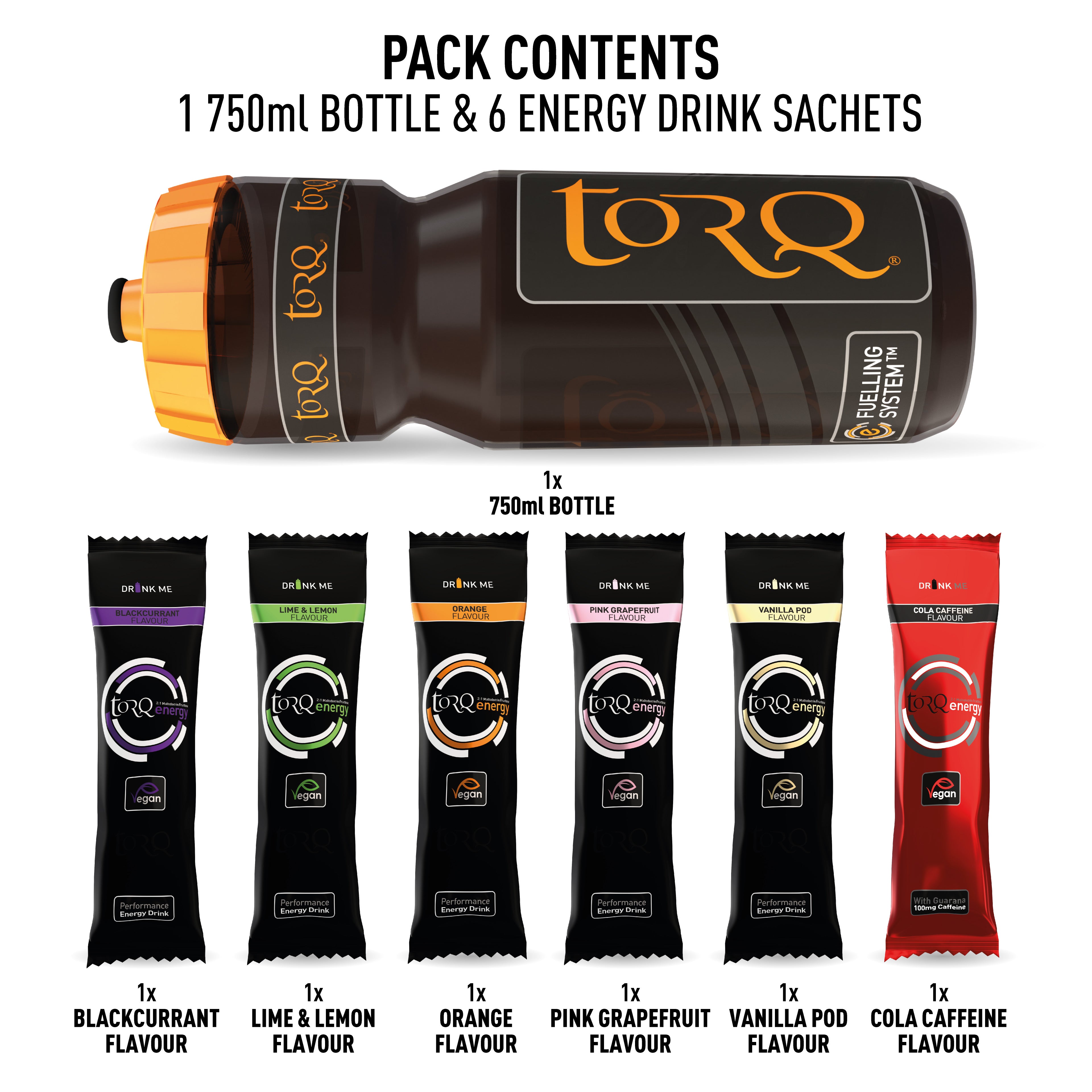 TORQ Energy 750ml Bottle Sample Pack | Power2Cycle 6 Drinks (5 x Standard, 1 x Caffeinated) | Power2Cycle | Power2Cycle750ML