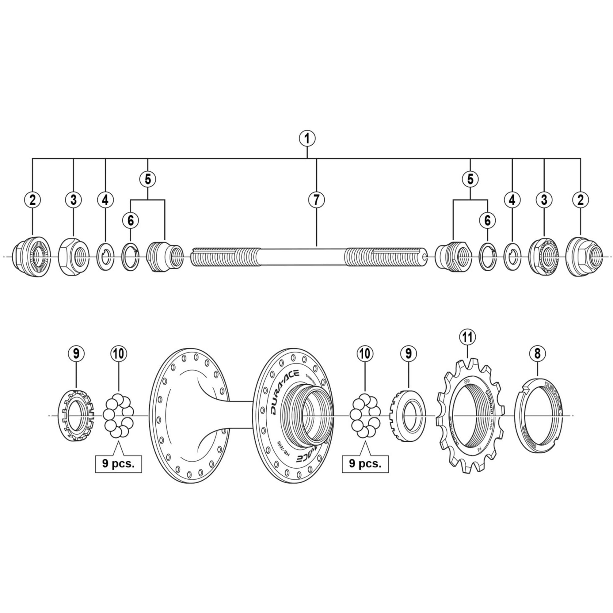 Shimano Dura | Power2CycleAce Track 7600 Track complete axle | Power2Cycle 164 mm