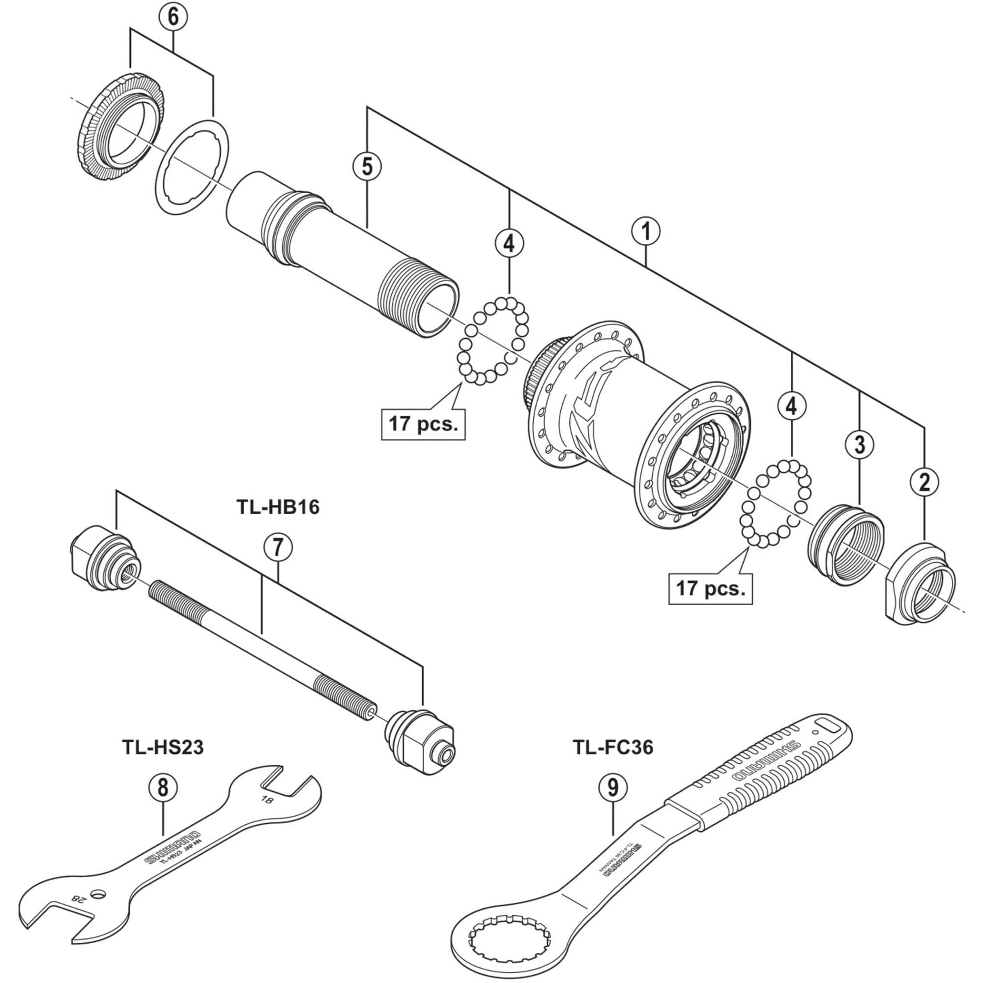 Shimano Spares M640 complete hub axle