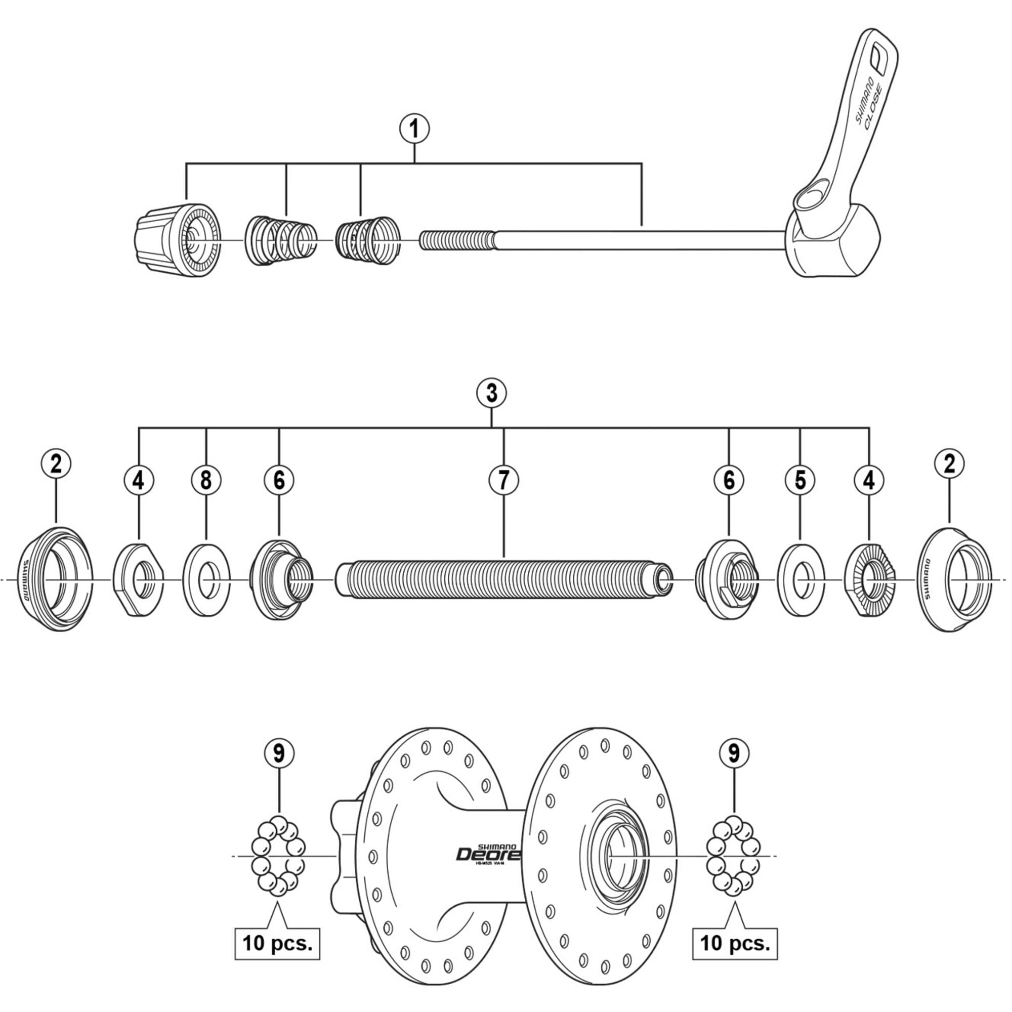 Shimano Spares M525 complete axle assembly M10 108 mm