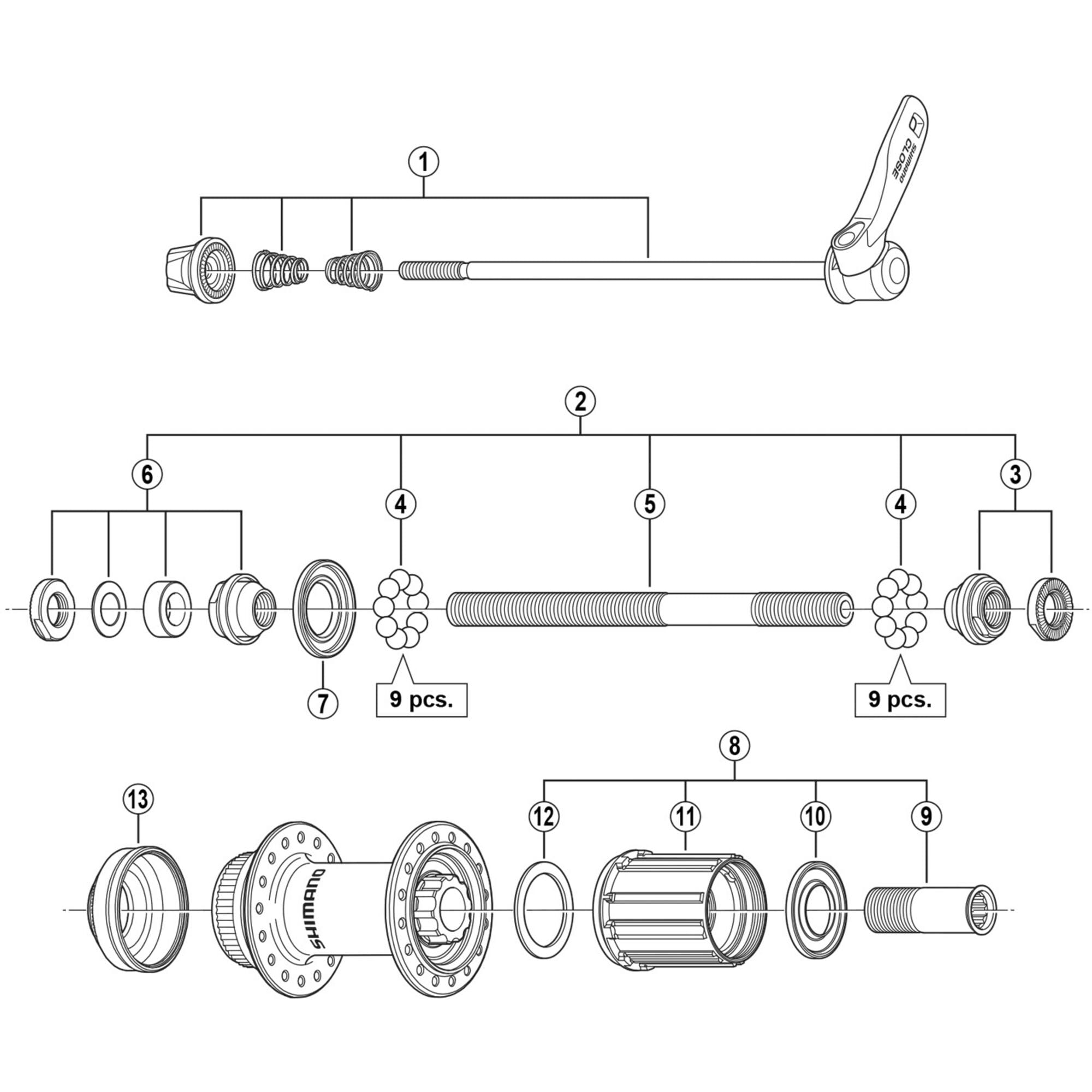 Shimano Spares M629 complete hub axle, 146 mm