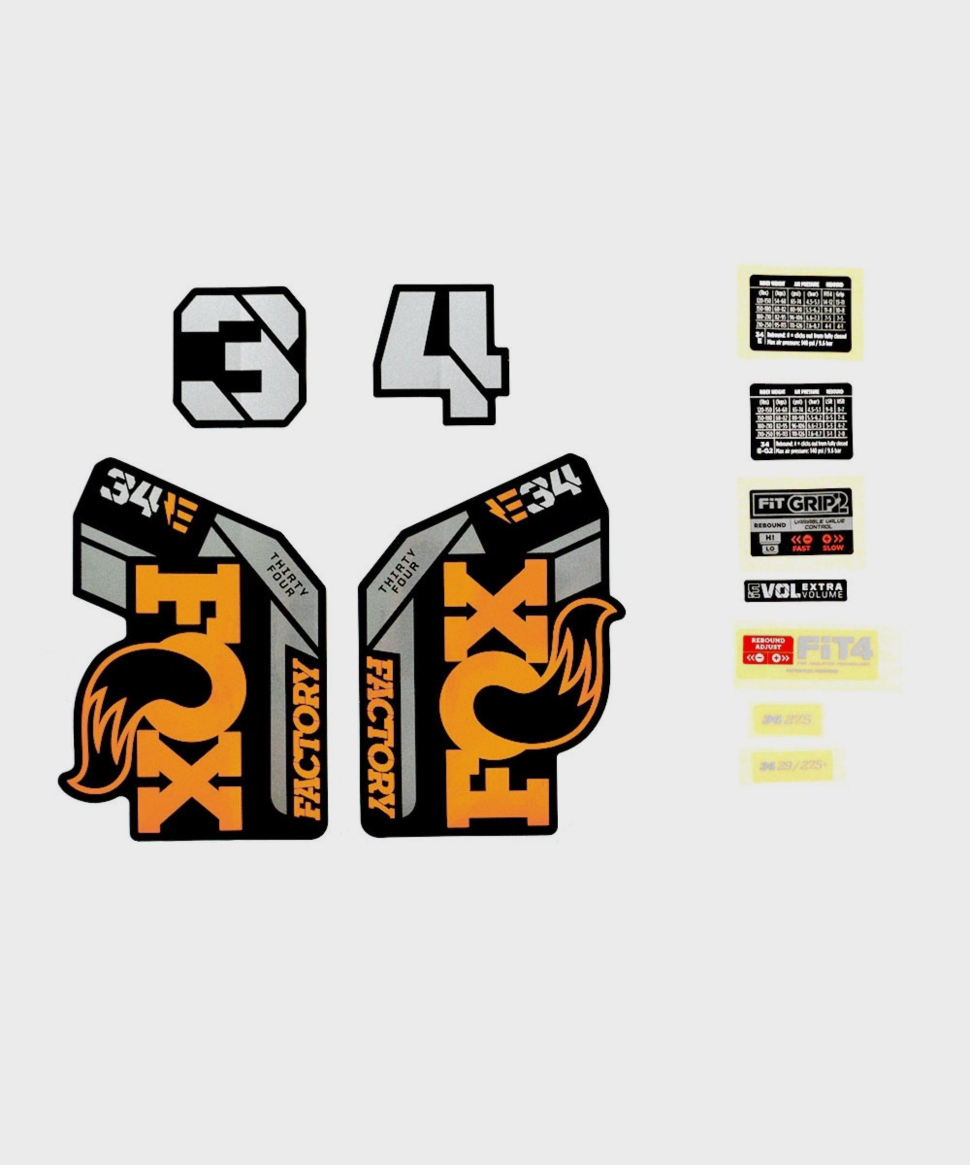 FOX Fork 34 Decal Kit: E | Power2CycleBike + F | Power2CycleS Orange Logo Shiny Black 2021