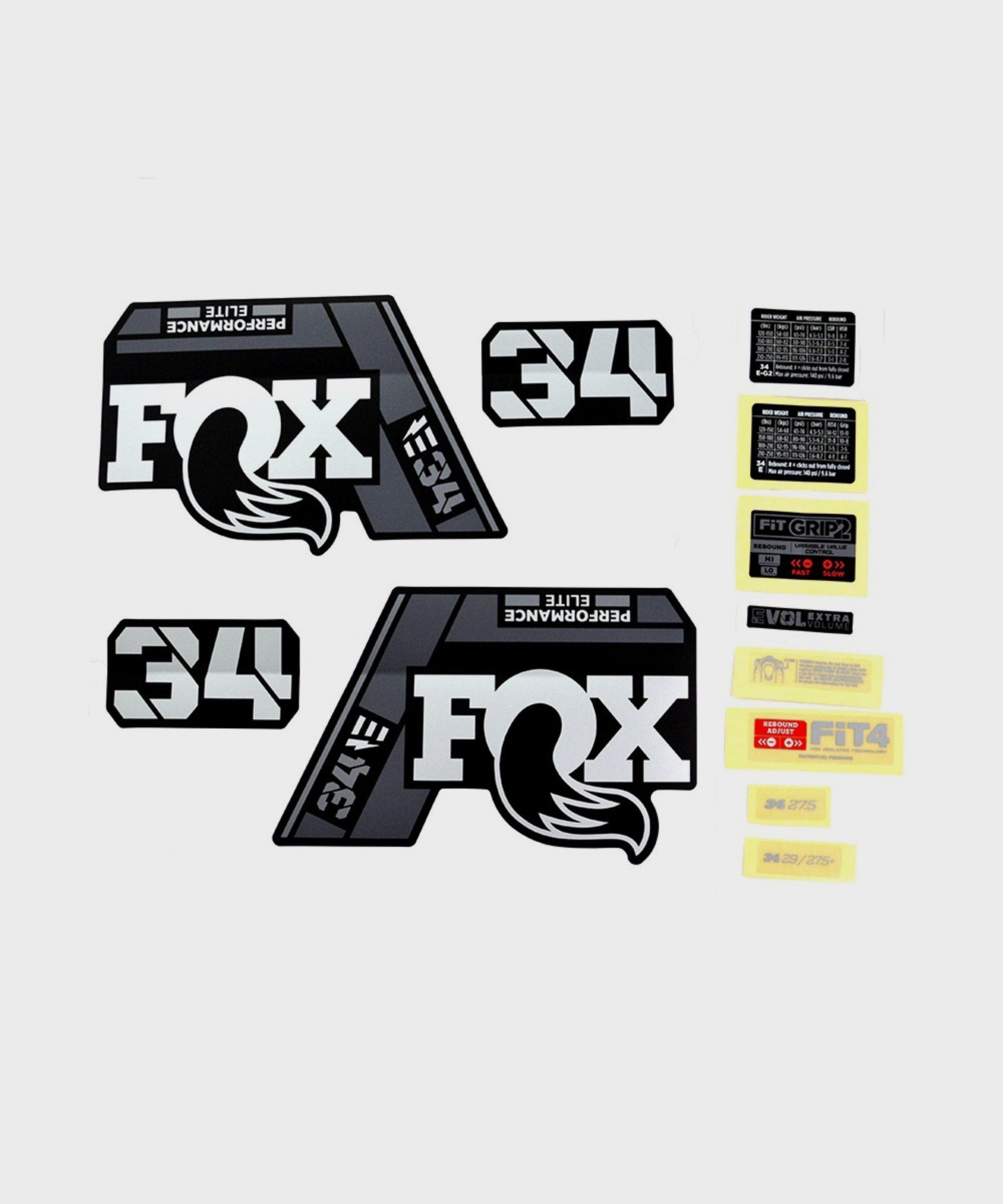 FOX Fork 34 Decal Kit: E | Power2CycleBike + P | Power2CycleSE Grey Logo Matte Black 2021