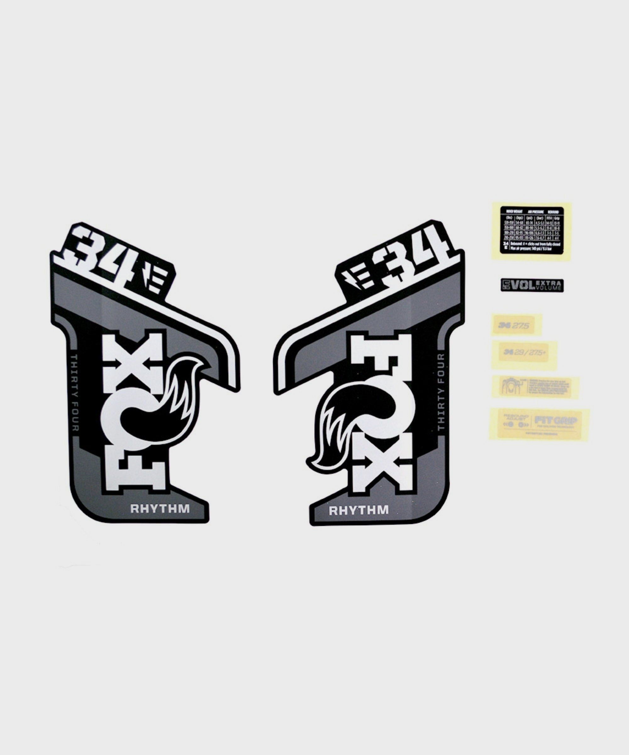 FOX Fork 34 Decal Kit: E | Power2CycleBike + Rhythm Grey Logo Matte Black 2021