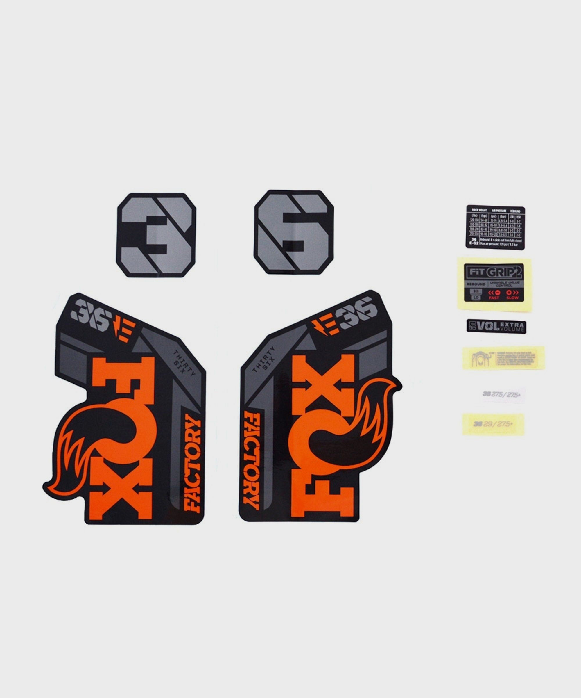 FOX Fork 36 Decal Kit: F | Power2CycleS E | Power2CycleBike+ Orange Logo Shiny Black 2021