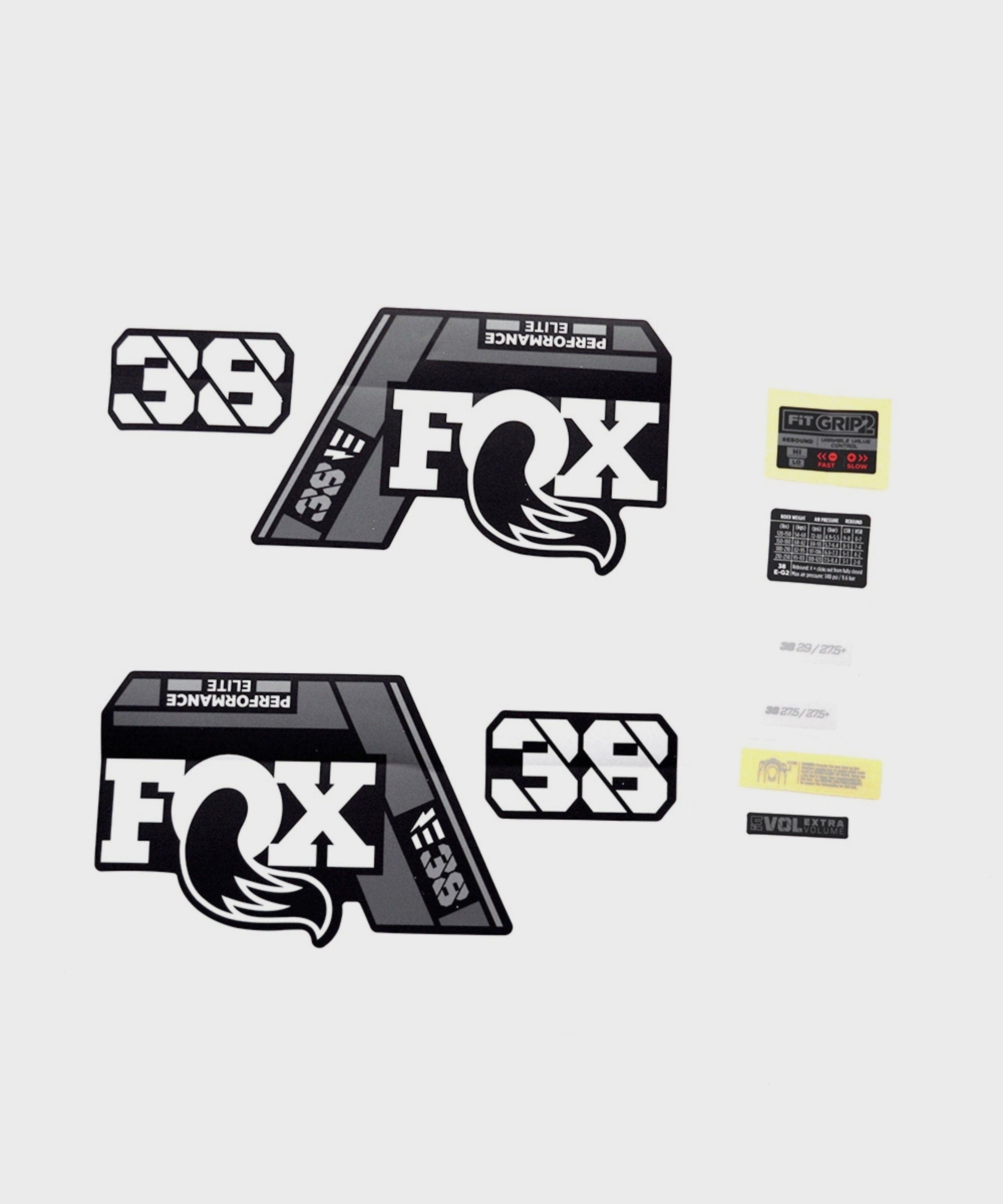 FOX Fork 38 Decal Kit: P | Power2CycleSE E | Power2CycleBike+ Grey Logo Matte Black 2021