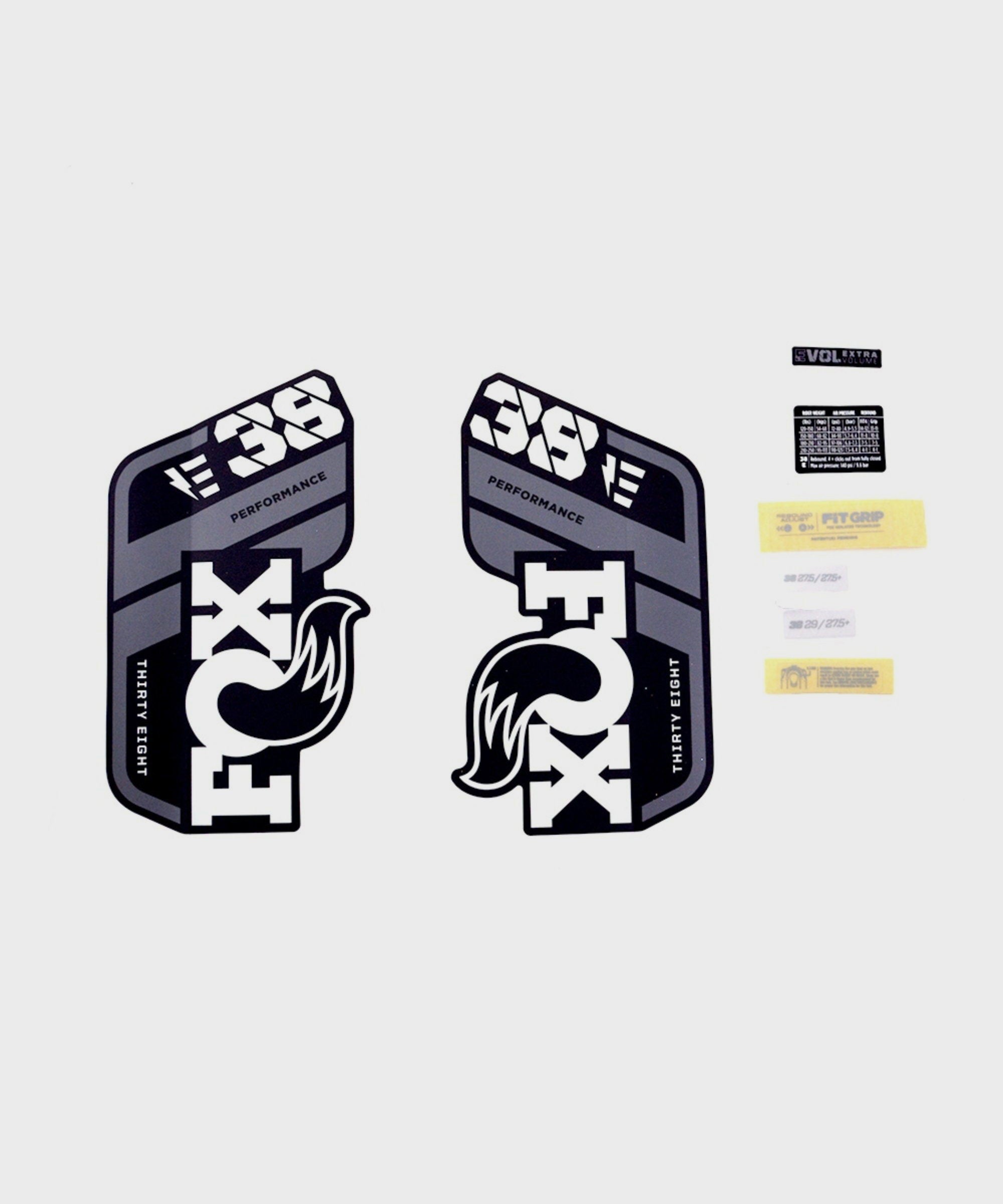FOX Fork 38 Decal Kit: P | Power2CycleS E | Power2CycleBike+ Grey Logo Matte Black 2021