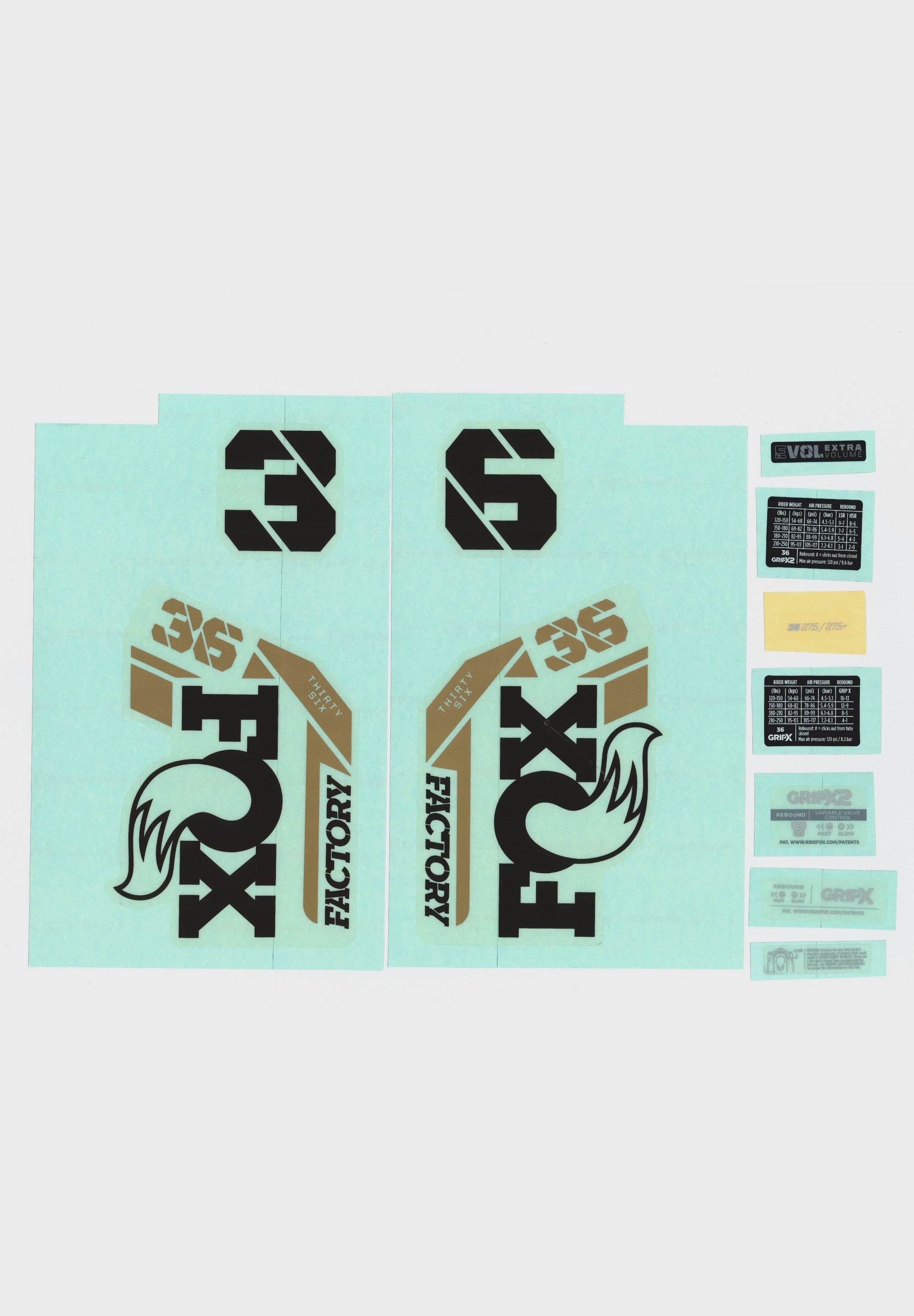 FOX Fork 36 Decal Kit 2025 F | Power2CycleS Black Logo Podium Gold Fork