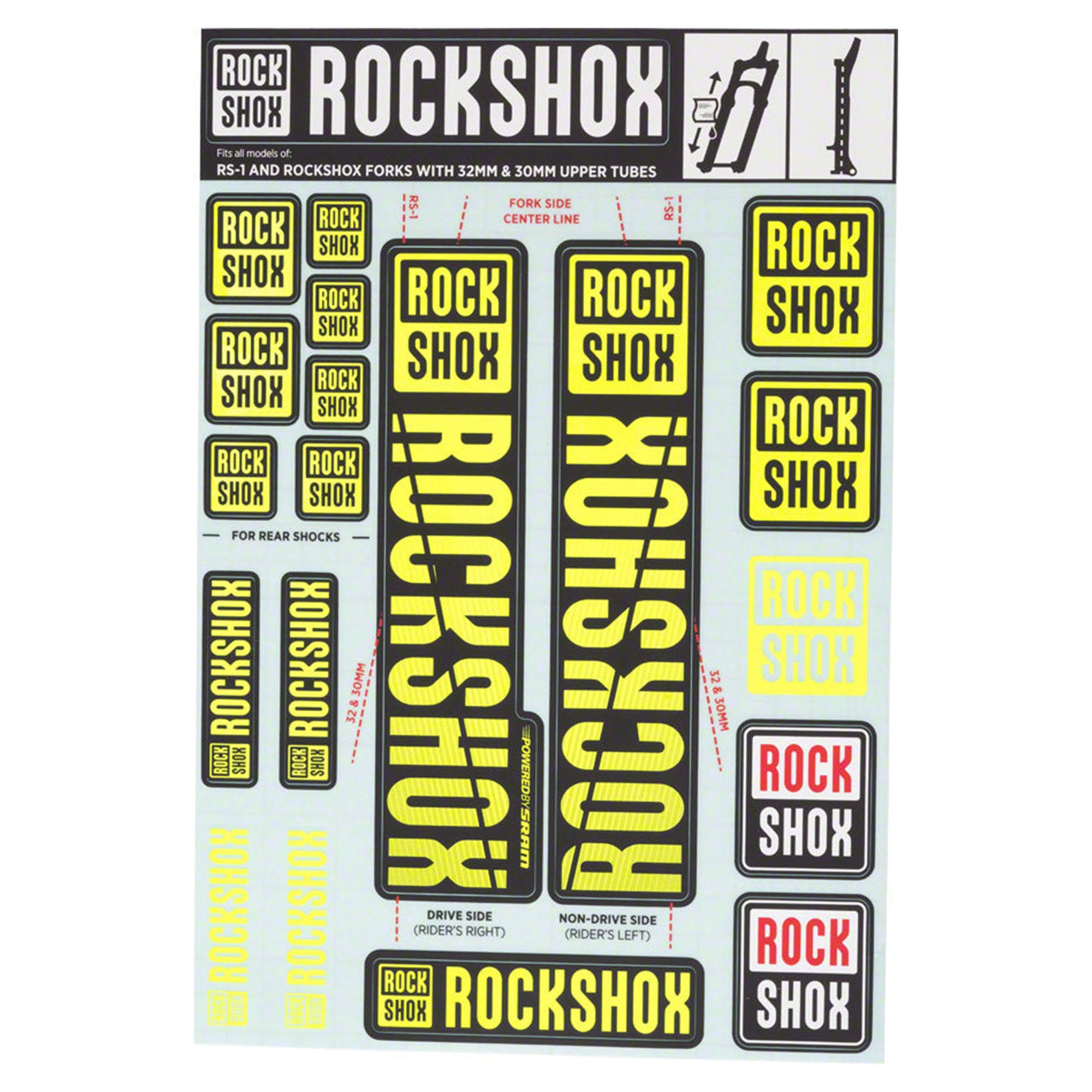 RockShox Spare  | Power2Cycle Front Suspension Decal Kit 30/32mm NE01 Yellow MY18  | Power2Cycle SID/Reba/Revelation(PRE 2018)/Sektor/Recon/XC32/30G/30S/XC30 | Power2Cycle BLACK 30/32MM