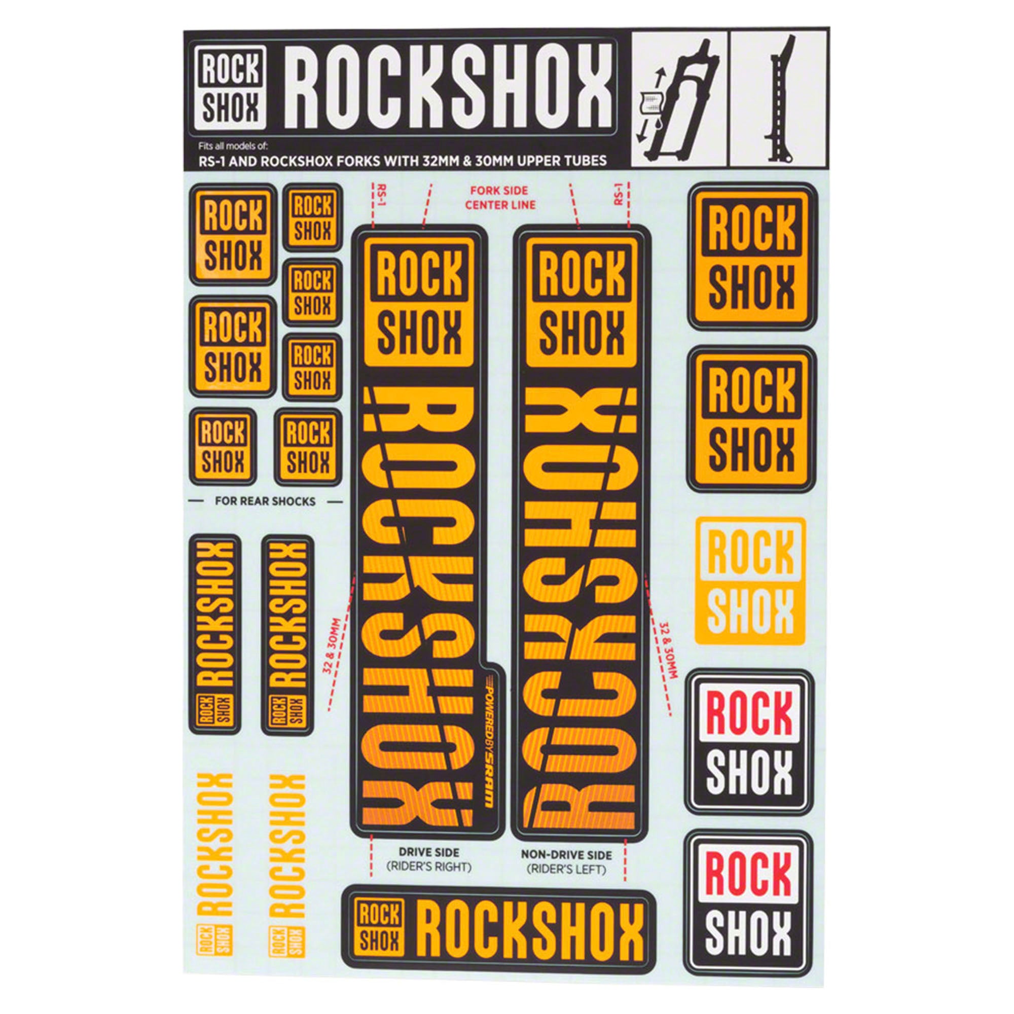 RockShox Spare  | Power2Cycle Front Suspension Decal Kit 30/32mm NE02 Orange MY18  | Power2Cycle SID/Reba/Revelation(PRE 2018)/Sektor/Recon/XC32/30G/30S/XC30 | Power2Cycle BLACK 30/32MM