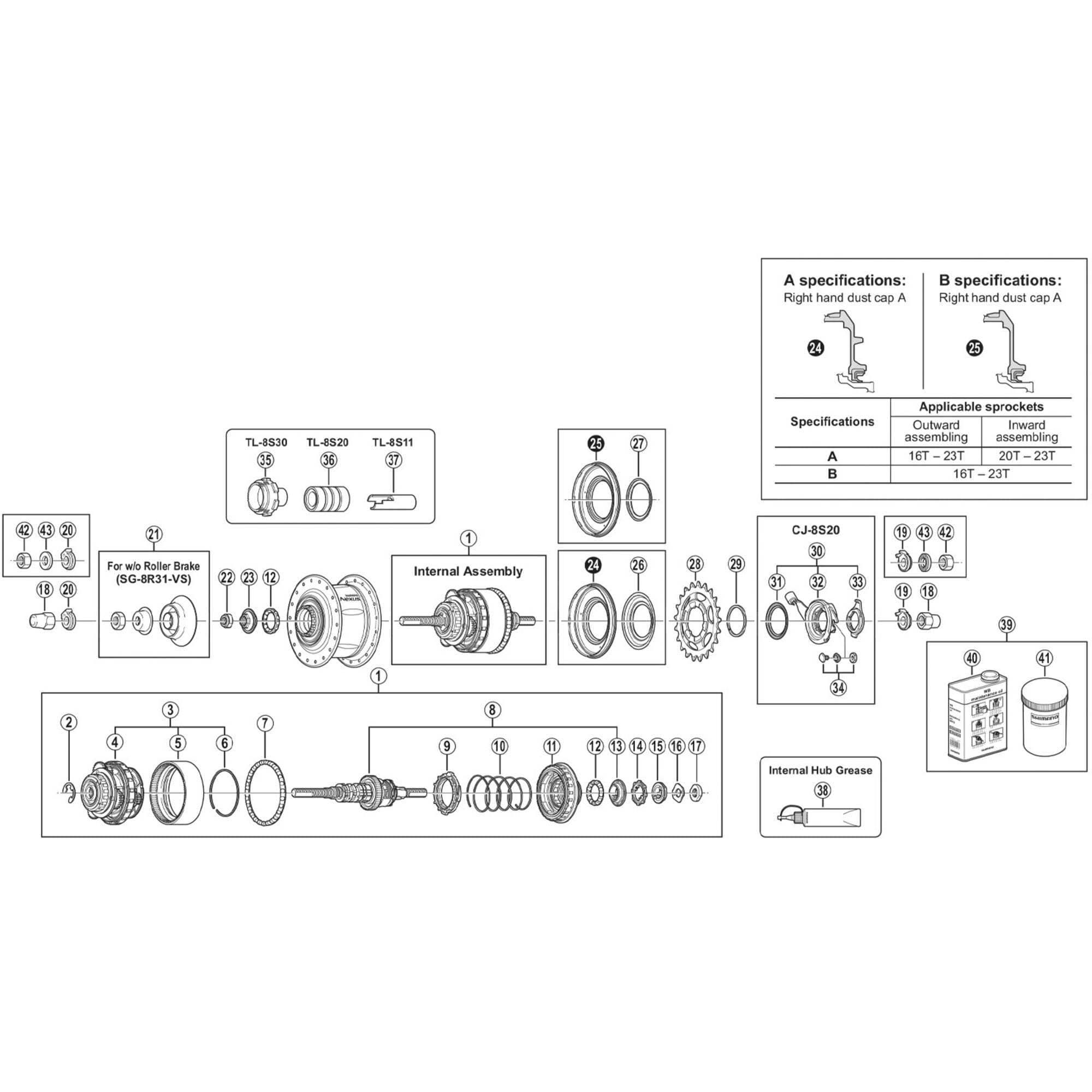 Shimano Nexus 8S31 fittings kit for 20deg / 38deg drop outs, black and grey (7R/7L)
