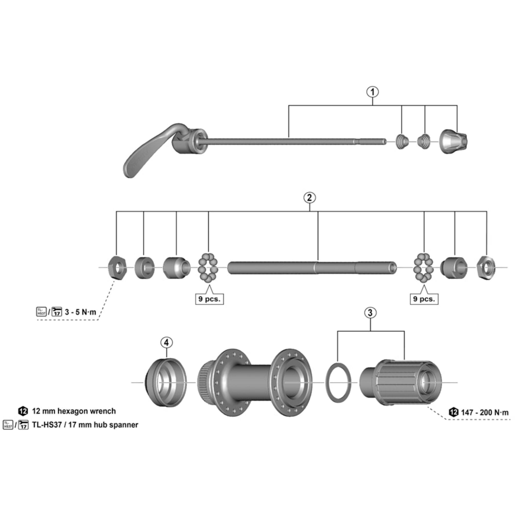 Shimano Spares TX505 complete hub axle, 146 mm
