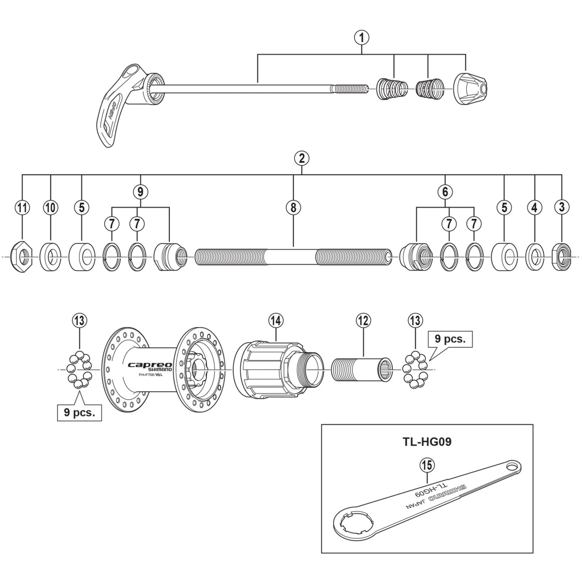 Shimano Spares F700 complete hub axle, 146 mm
