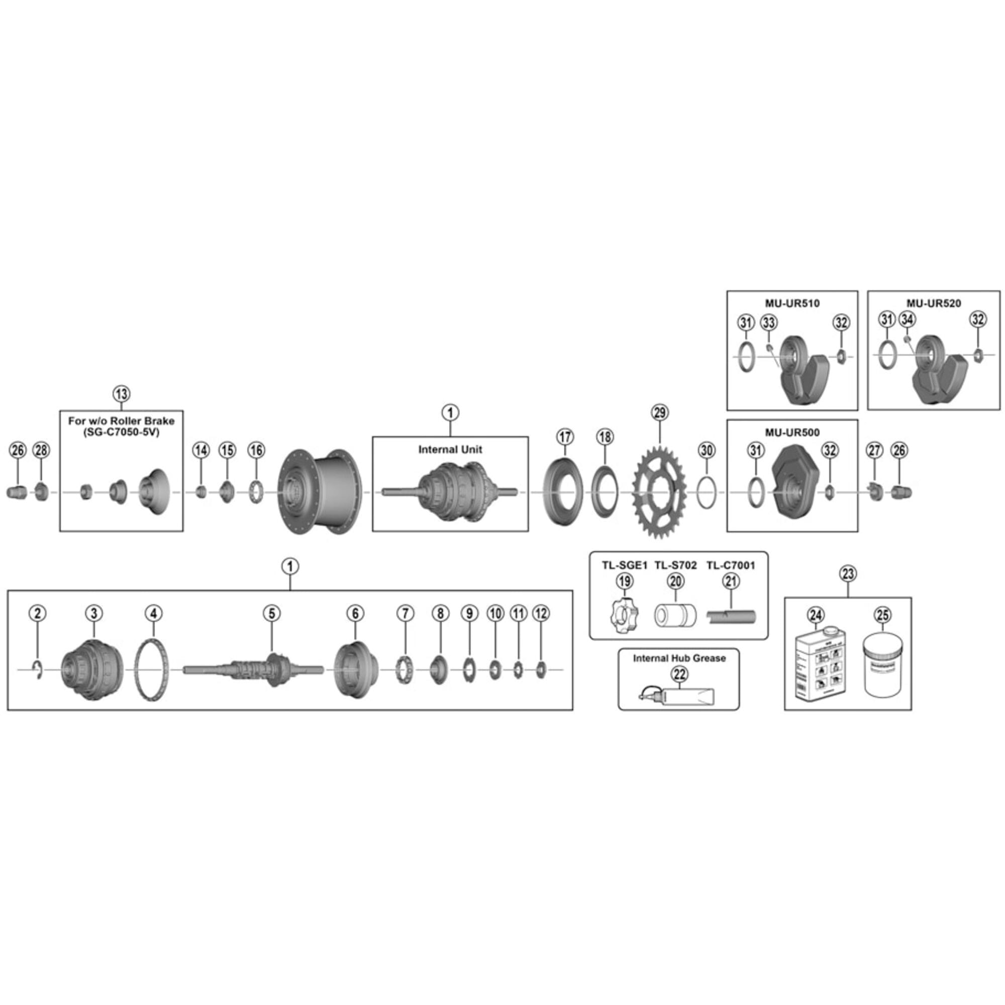Shimano Spares 5R/5V internal assembly, axle length 187mm