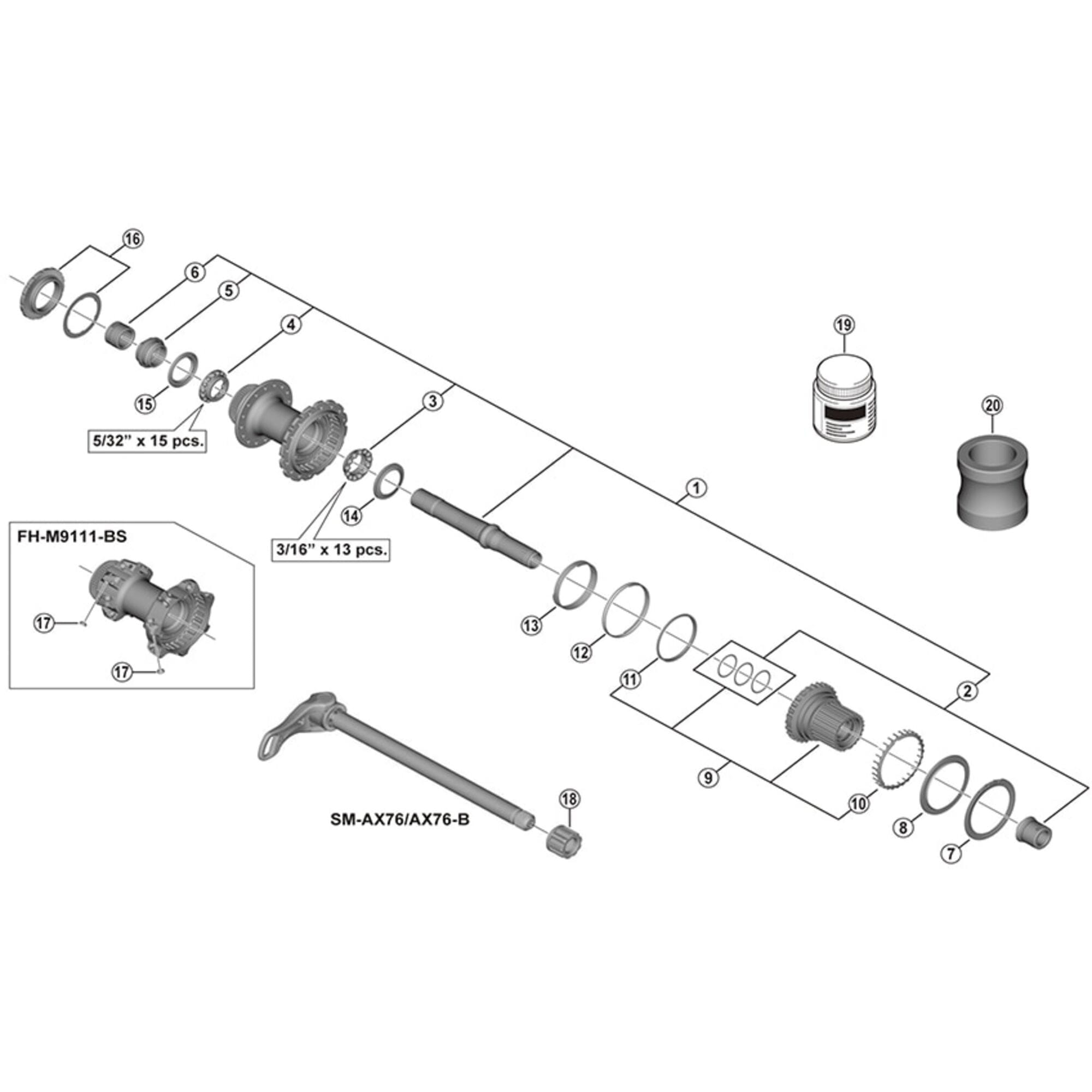 Shimano Spares M9111 complete hub axle, 148 mm