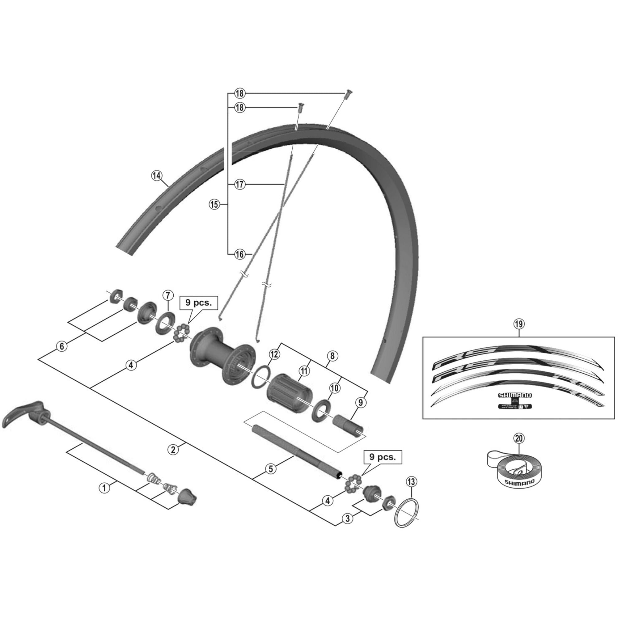Shimano Spares RS010 complete hub axle, 141 mm